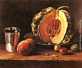 Table Canvas Paintings - Still life with a Pumpkin, Peaches and a Silver Goblet on a Table Top